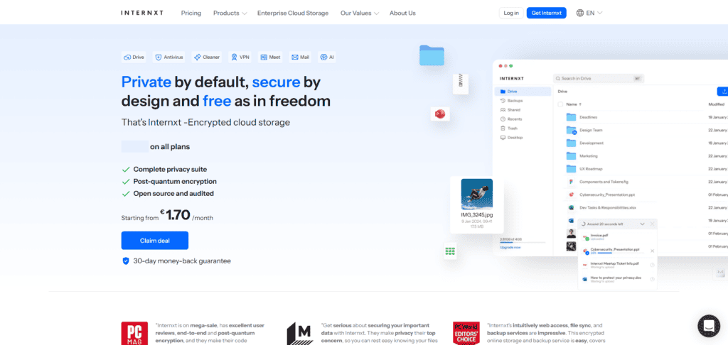 Internxt encrypted cloud storage service for secure, private file sharing and backup.