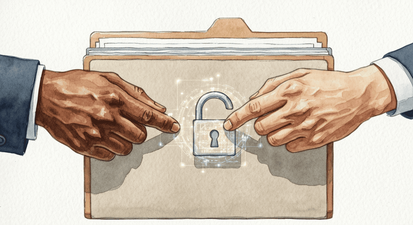 Two hands pointing at a lock on a file folder, symbolizing secure data management.