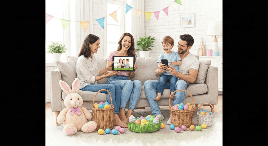 Family enjoying Easter celebration with digital devices and festive decorations.