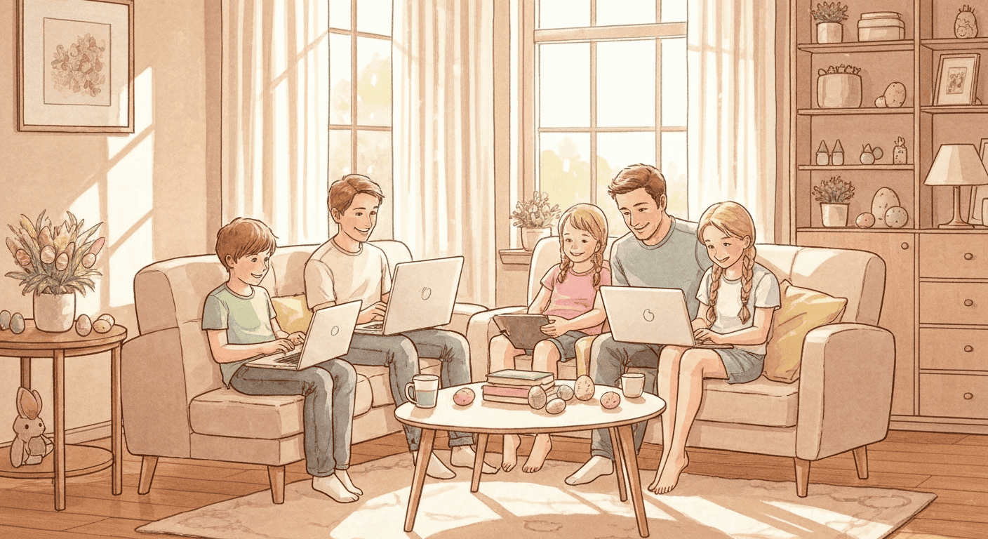 Family using tech at Easter sale