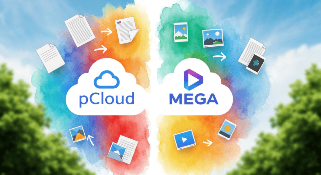 Cloud storage icons with pCloud and MEGA logos, illustrating file sharing and backup services.