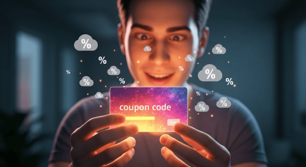 Young man using smartphone with digital coupon code and discount symbols.