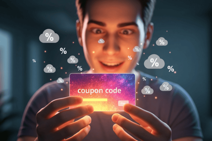 Young man using smartphone with digital coupon code and discount symbols.