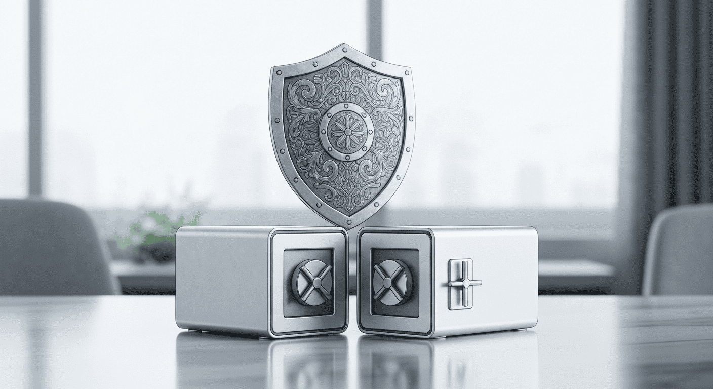 Digital security shield and safe blocks symbolizing data protection and cybersecurity.