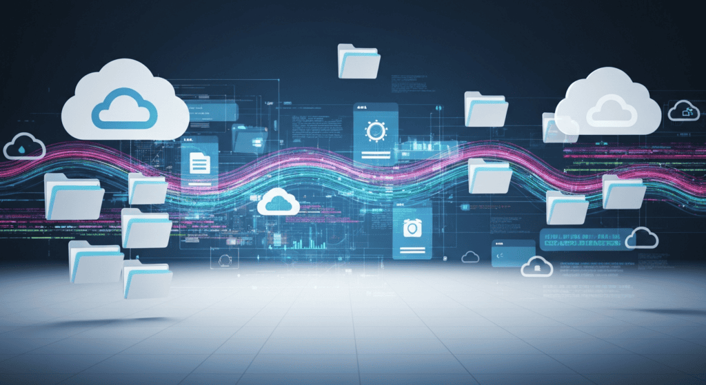 Digital cloud storage with folders and data flow, ideal for side hustle data management.