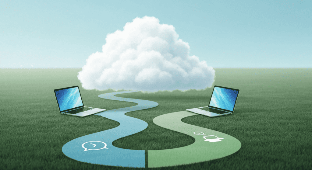 Two laptops connected to cloud storage services with a cloud icon in the background.