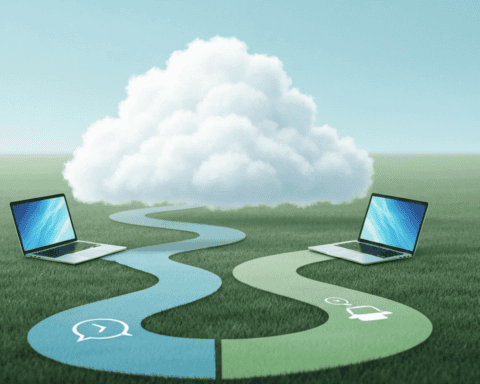 Two laptops connected to cloud storage services with a cloud icon in the background.