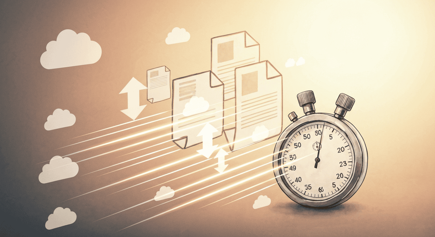 Cloud computing and data transfer icons with stopwatch, representing flexible side hustle opportunit.