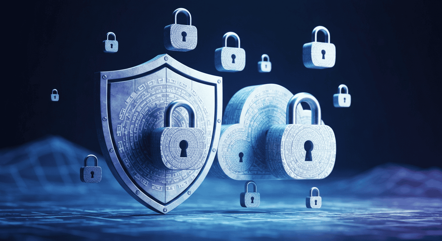 Digital security locks and shield representing online privacy protection.