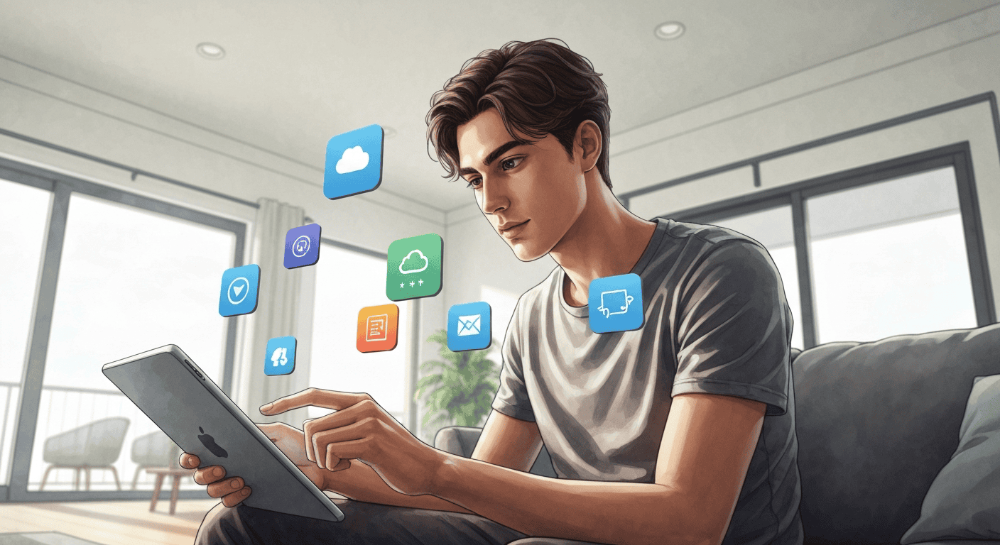 Young man using tablet with digital app icons for side hustle success.