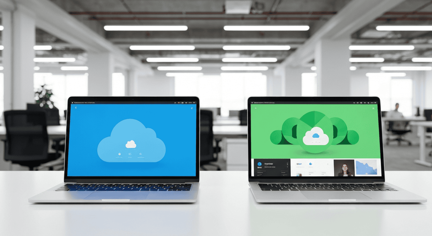 Two laptops displaying cloud technology in a modern office setting.
