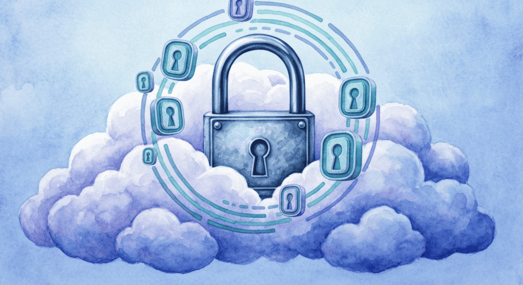 Cloud security concept with padlock and digital keys representing data encryption.