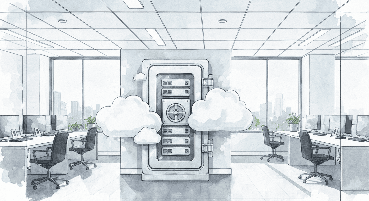 Cloud data storage server in a modern office with workstations.