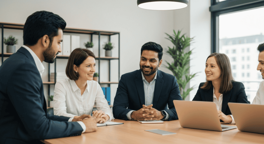Business team discussing strategies in a modern office setting for SaaS industry changes.