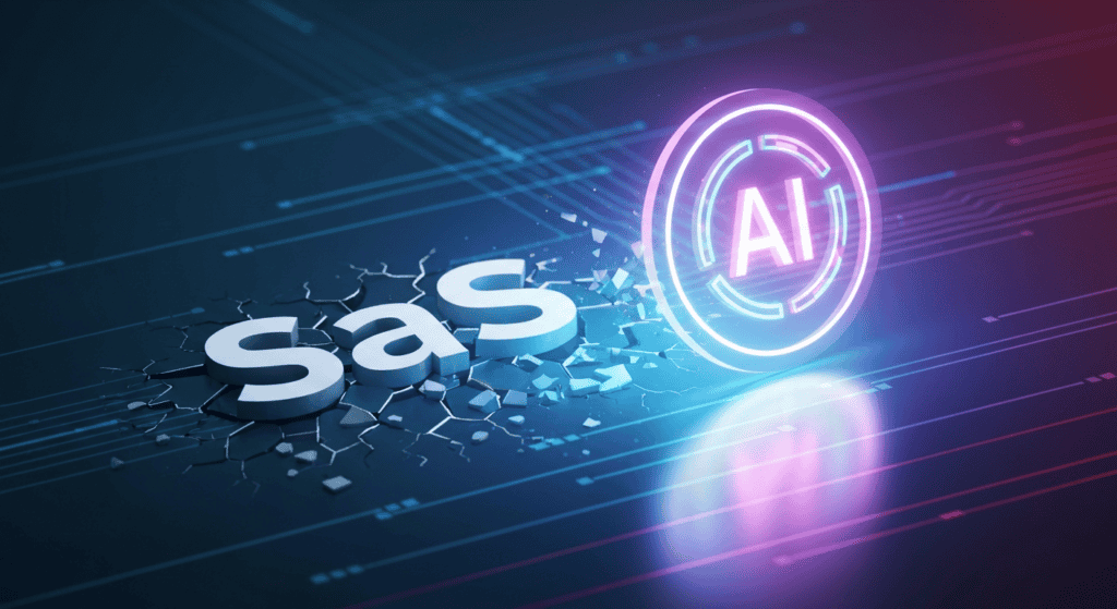 SaaS and AI icons illustrating technological disruption in modern business.