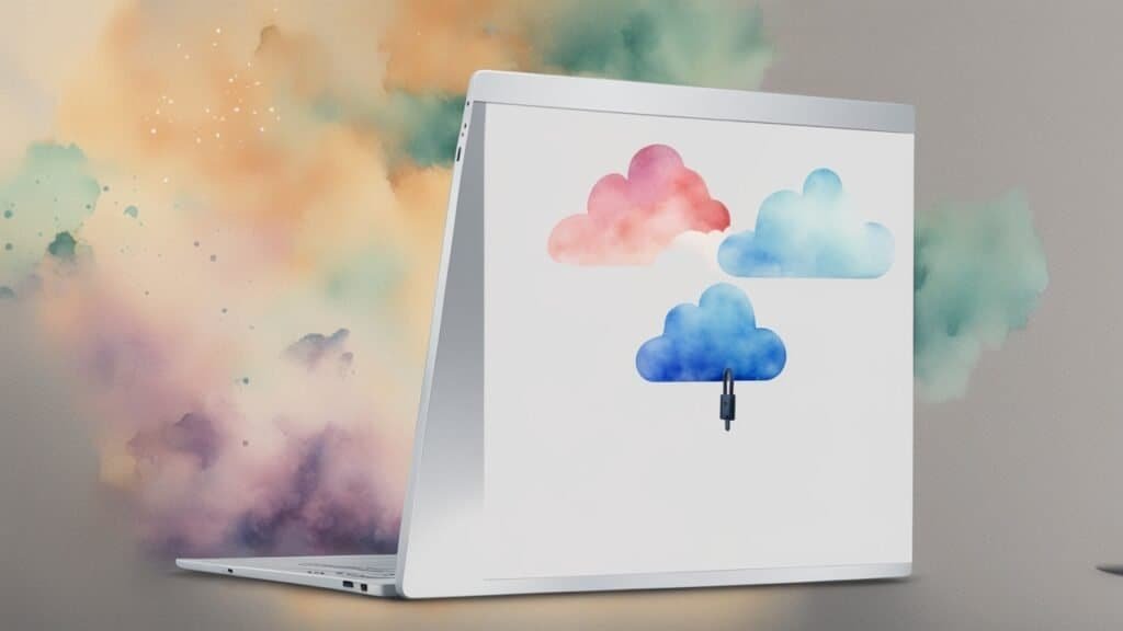 Cloud storage illustration with colorful clouds and a laptop, representing data safety and online st.
