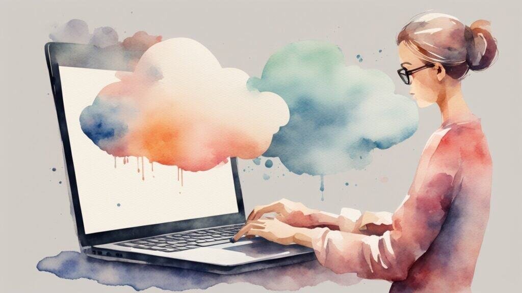 Woman using cloud storage on laptop for Mega cloud service review.