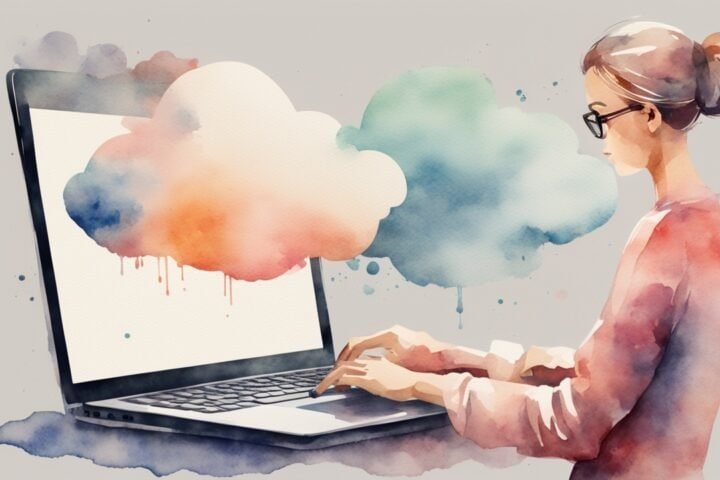 Woman using cloud storage on laptop for Mega cloud service review.