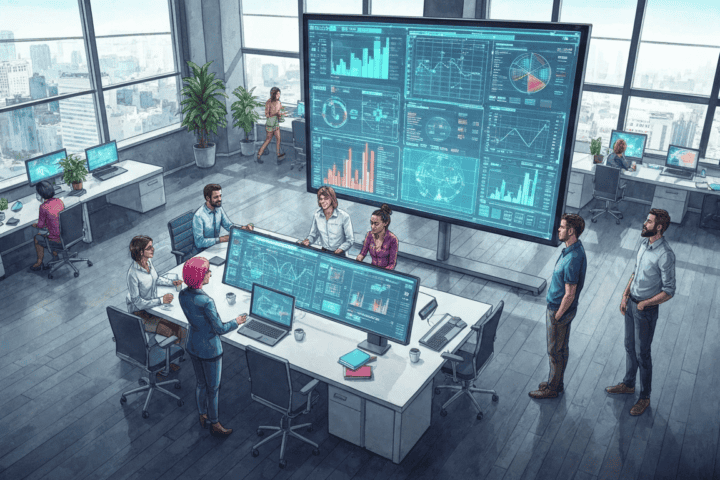 A modern office with large windows shows people working at desks and using computers. Several employees gather around a large digital screen displaying charts and graphs. Plants appear throughout the bright, open space.
