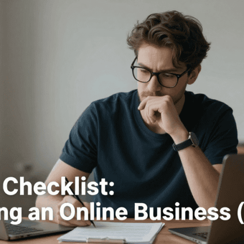 Young man reviewing legal checklist for online business startup in 2026.