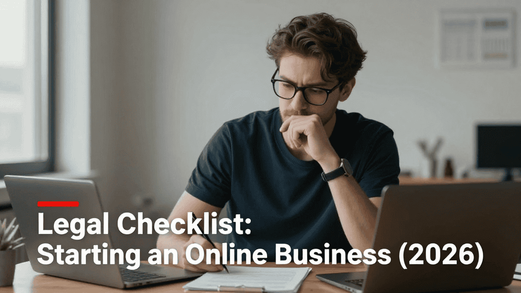 Young man reviewing legal checklist for online business startup in 2026.