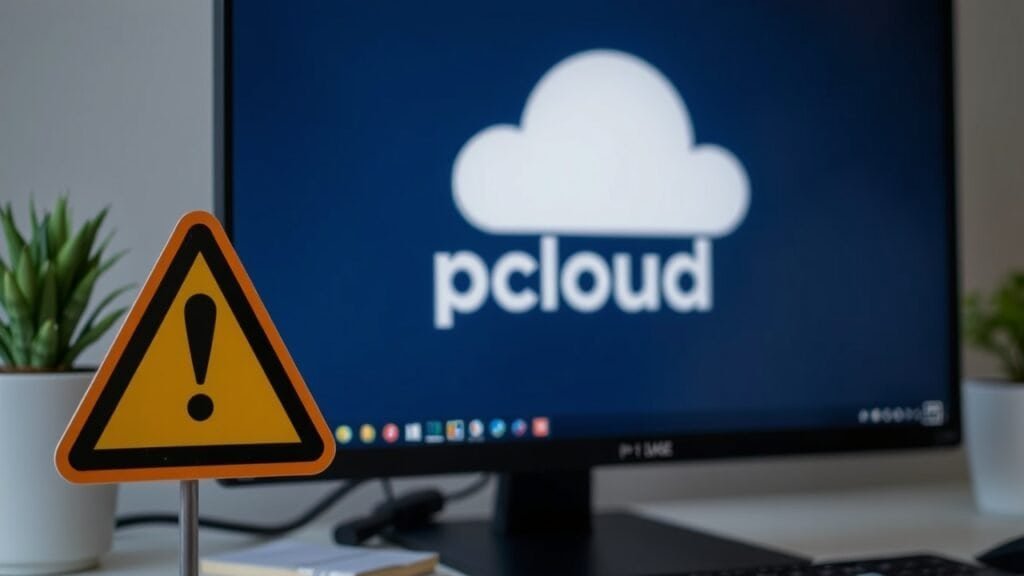 PCloud cloud storage logo with warning sign, highlighting privacy-focused cloud services comparison.
