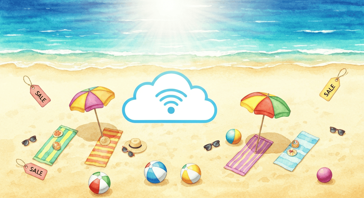 Beach scene with umbrellas, towels, and beach balls on sandy shore.