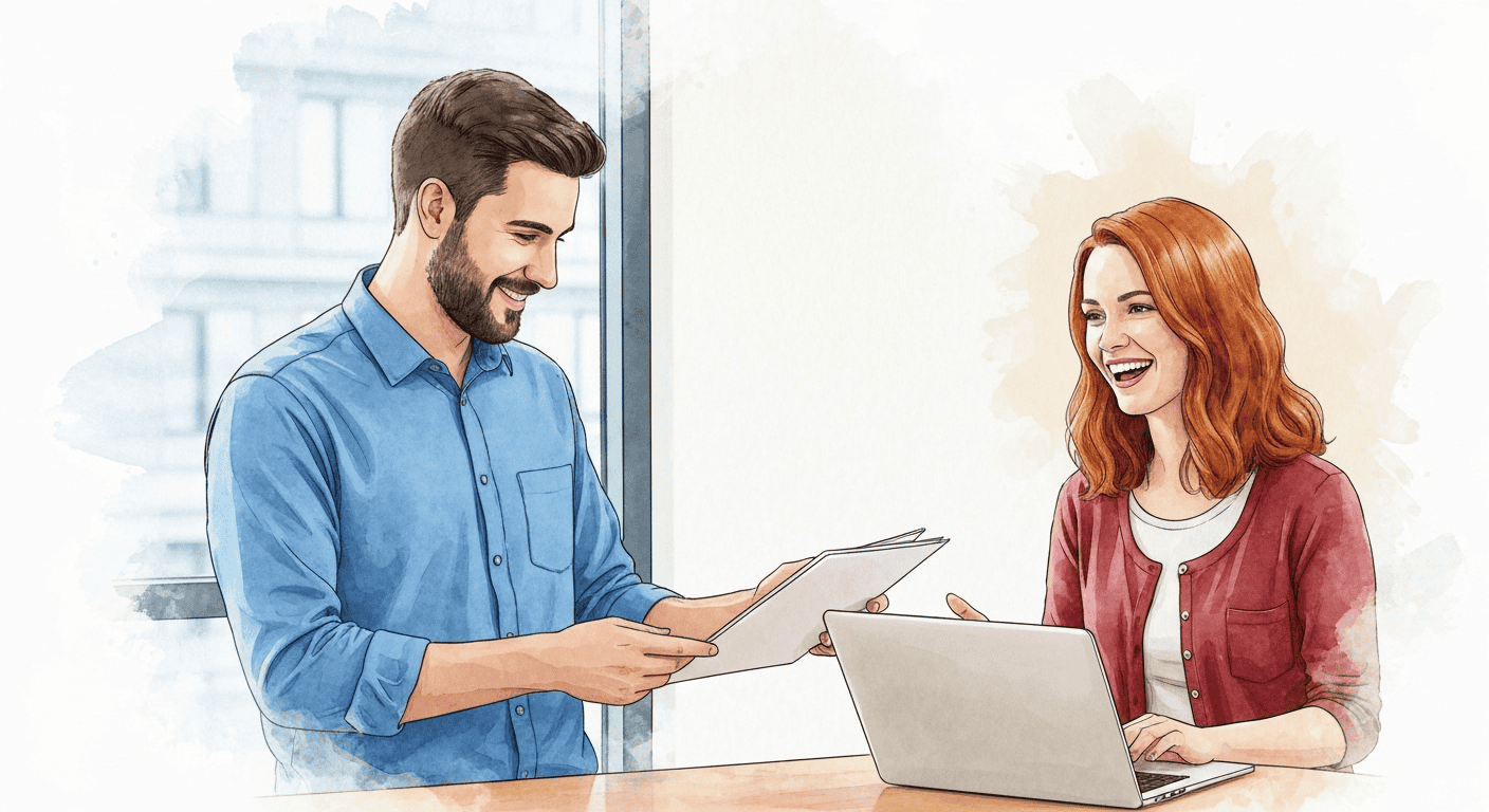 Two people discussing a side hustle idea with a laptop and tablet in a bright office.