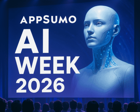 Audience watching AI Week 2026 presentation with a futuristic robot image on stage.