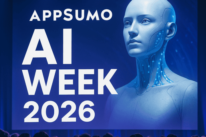 Audience watching AI Week 2026 presentation with a futuristic robot image on stage.