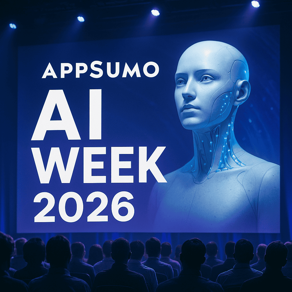 Audience watching AI Week 2026 presentation with a futuristic robot image on stage.