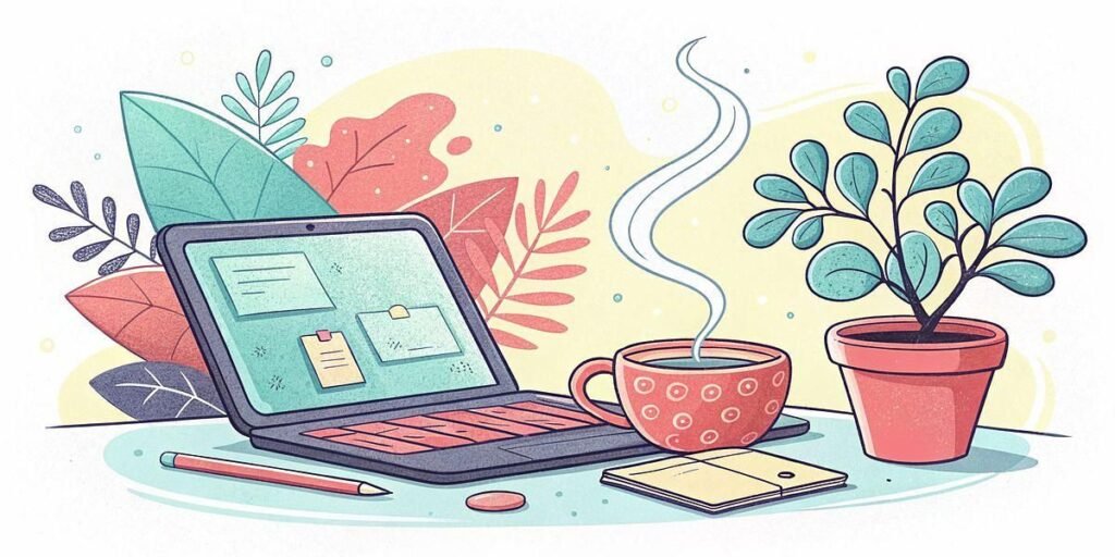 An illustration of a laptop with sticky notes on the screen, a steaming cup of coffee, a notepad, a pencil, and a potted plant on a table, with large colorful leaves in the background.