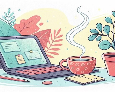 An illustration of a laptop with sticky notes on the screen, a steaming cup of coffee, a notepad, a pencil, and a potted plant on a table, with large colorful leaves in the background.