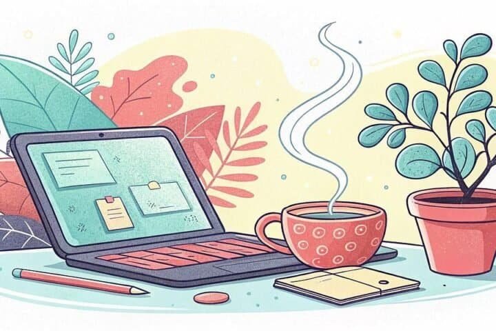 Laptop, coffee, and plants for side hustle productivity and creativity.