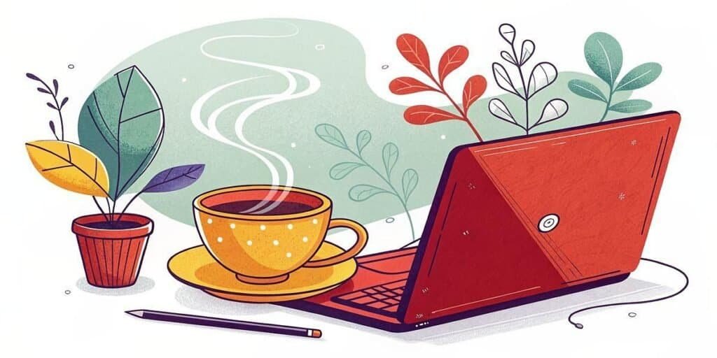 Illustration of a laptop, coffee, and plants for side hustle inspiration.