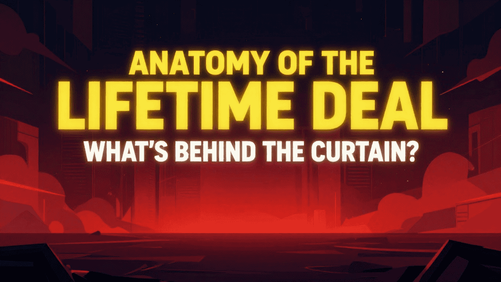 Illustration of a cityscape with bold text about lifetime deal analysis.