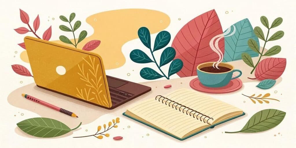 Creative workspace with laptop, notebook, and coffee for side hustle ideas.