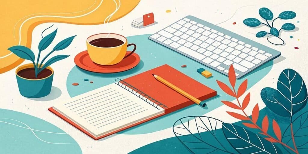 Cozy workspace with keyboard, notebook, and plants for side hustle success.