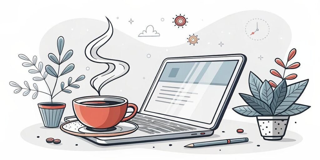 Illustration of a laptop on a desk with an open screen, a steaming cup of coffee on a saucer, a pencil, and two potted plants. Decorative elements like small suns and a clock are in the background.