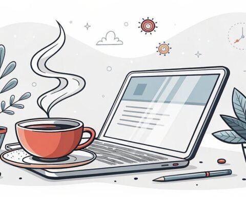 Illustration of a laptop on a desk with an open screen, a steaming cup of coffee on a saucer, a pencil, and two potted plants. Decorative elements like small suns and a clock are in the background.