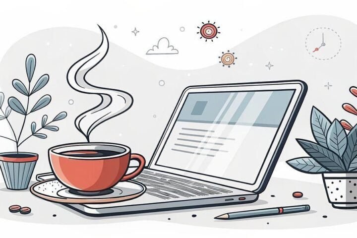 Laptop with coffee and plants representing side hustle ideas and productivity.