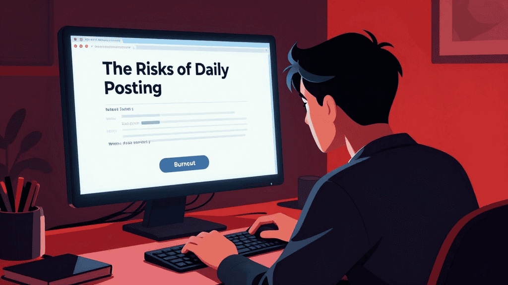 Young man struggling with burnout from daily blog posting, highlighting the risks of overposting.