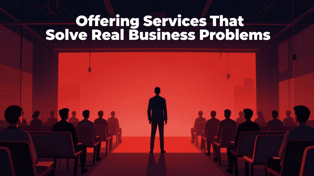 Person presenting business solutions to an audience in a modern conference room.