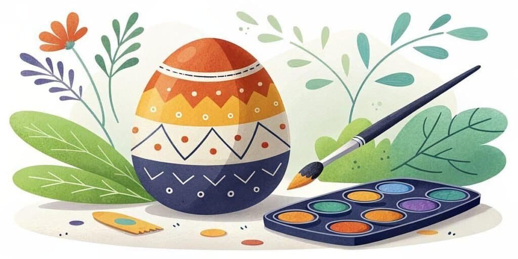 Easter egg decorated with colorful patterns surrounded by paintbrush and watercolor palette.