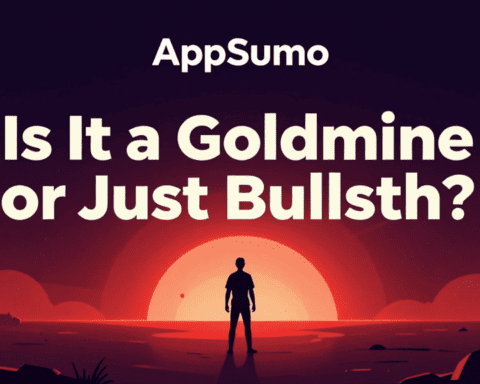 AppSumo review image showing a person at sunset with bold text questioning its value.