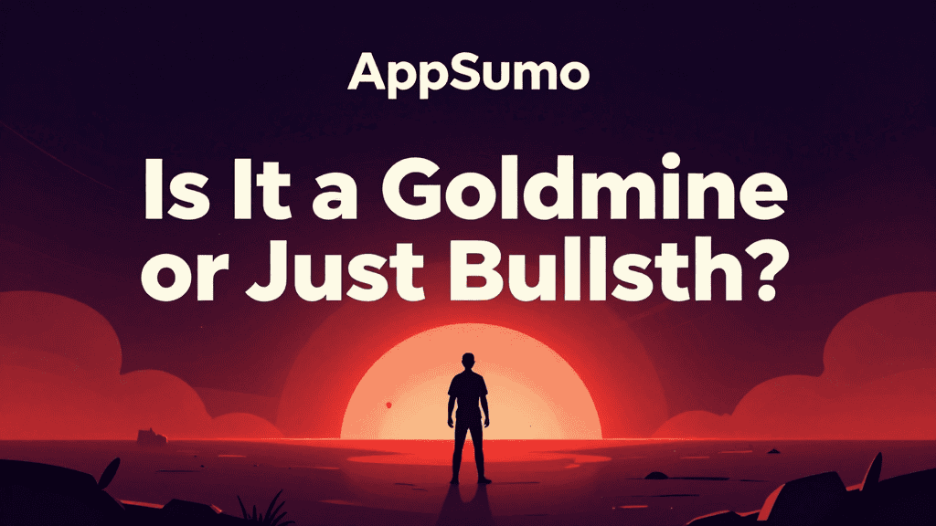 AppSumo review image showing a person at sunset with bold text questioning its value.