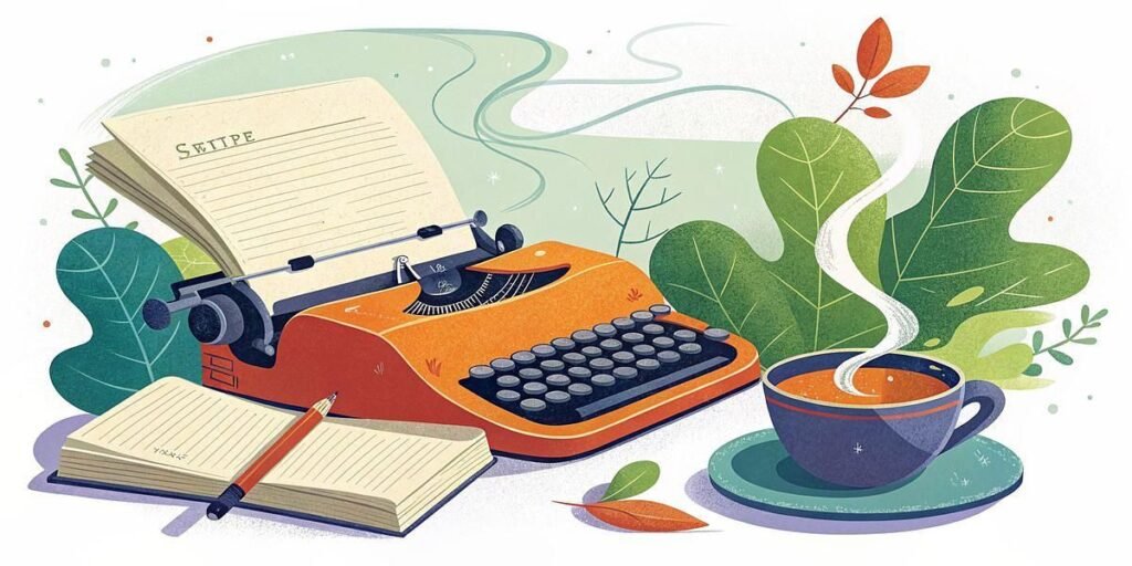 An orange typewriter with paper, a notebook and pencil, and a steaming cup of coffee sit on a table surrounded by green leaves and plants in a whimsical, illustrated style.