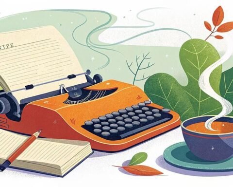 An orange typewriter with paper, a notebook and pencil, and a steaming cup of coffee sit on a table surrounded by green leaves and plants in a whimsical, illustrated style.