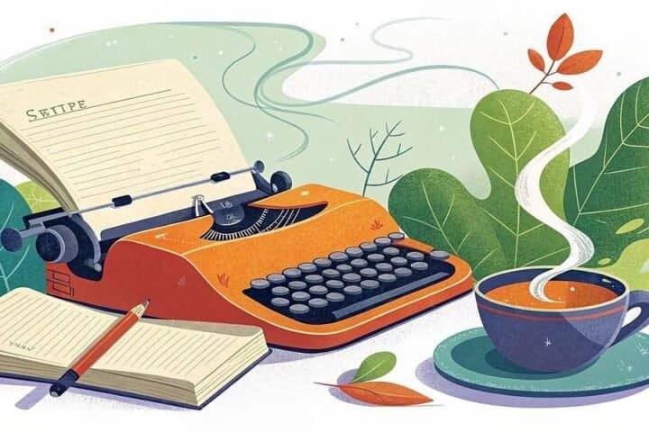 Typewriter, notebook, and coffee for side hustle planning and productivity.