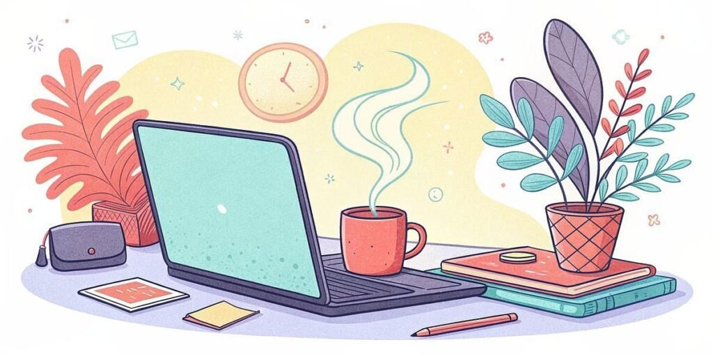 Illustration of a desk with an open laptop, a steaming coffee mug, books, a pencil, a phone, a tablet, two potted plants, a clock on the wall, and scattered stationery items.